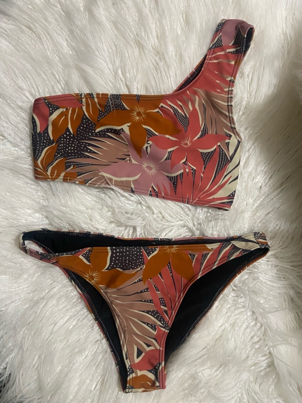 Asymmetric Floral Bikini Set in Rust Pink and Black